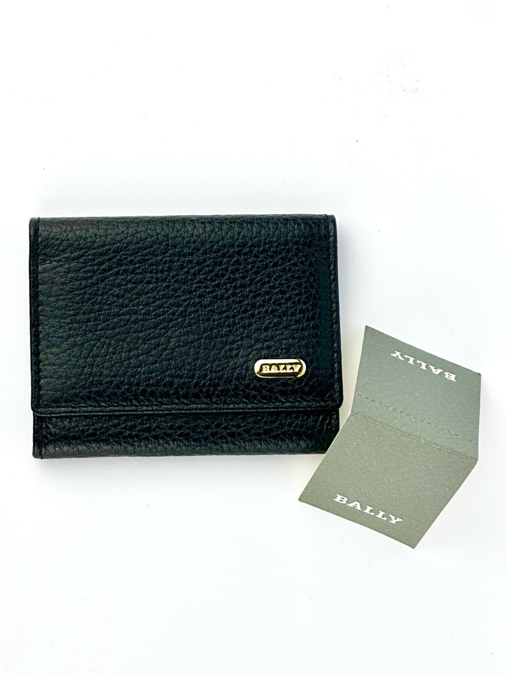 Bally Black Pebbled Leather Card Holder with Gold Logo, Original Box & Dust Bag